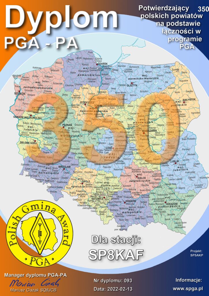 Dyplom PGA 350 powiatów dla SP8KAF