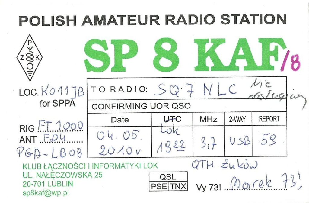 Archiwalna karta QSL klubu SP8KAF