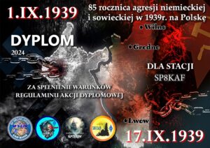 Dyplom dla SP8KAF - 85 rocznica agresji niemieckiej na Polskę