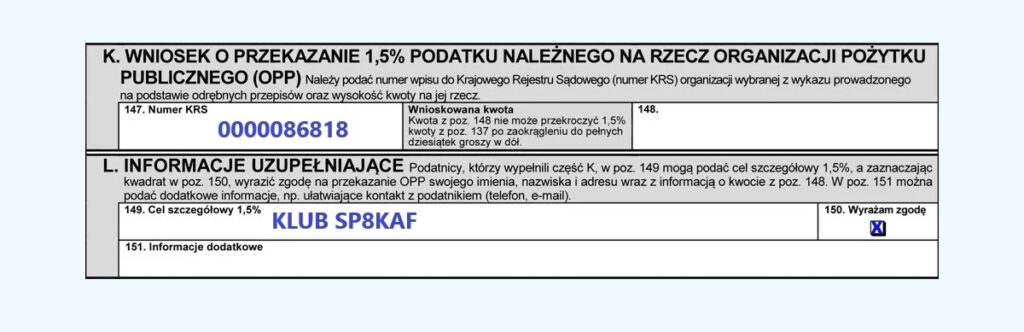 Fragment formularza PIT z wpisanym 1,5% podatku dla klubu SP8KAF