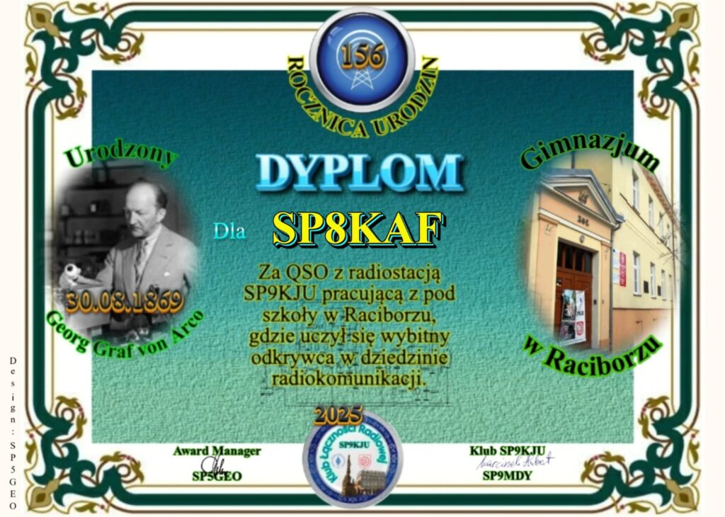 Dyplom Akcji Dyplomowej 156 Rocznica urodzin Georga Grafa von Arco