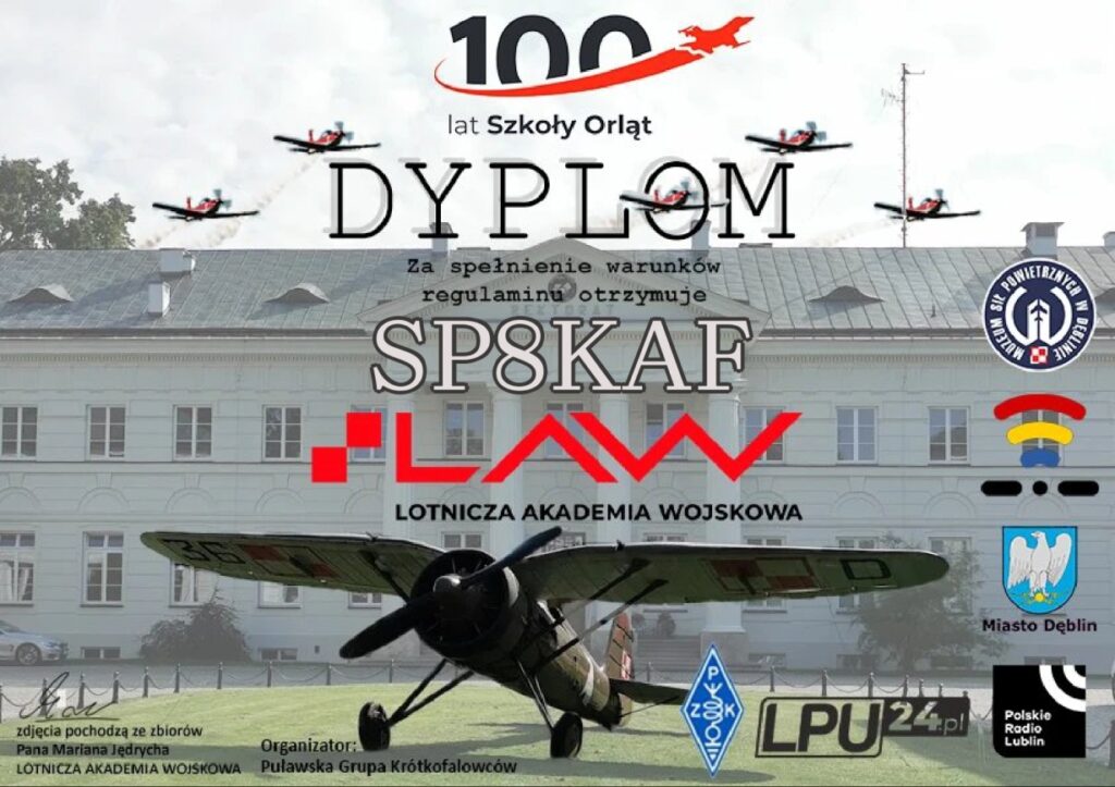 Dyplom "100 lat Szkoły Orląt" dla SP8KAF