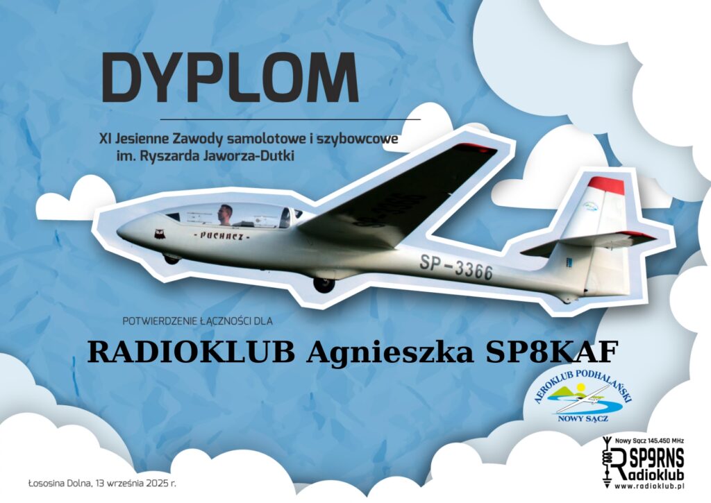 Dyplom XI Jesienne Zawody Samolotowe i szybowcowe im. Ryszarda Jaworza-Dutki dla SP8KAF