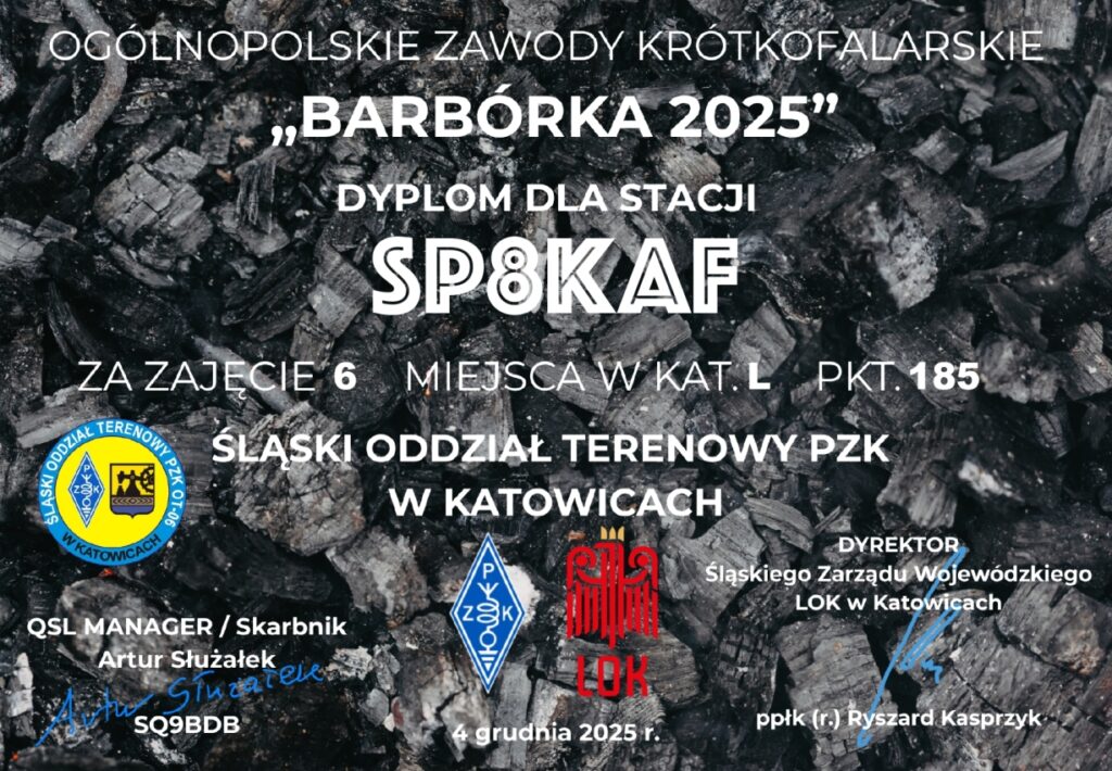 Dyplom Zawodów Barbórka VHF dla SP8KAF