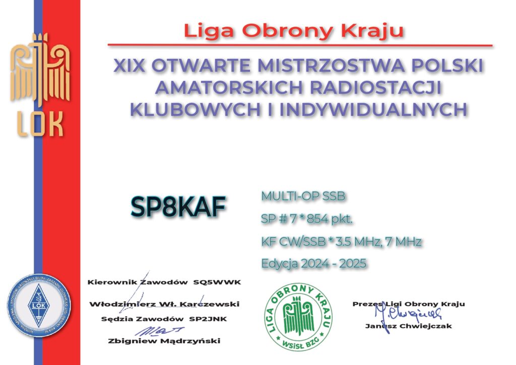 Dyplom XIX OMP ARKiI KF dla SP8KAF