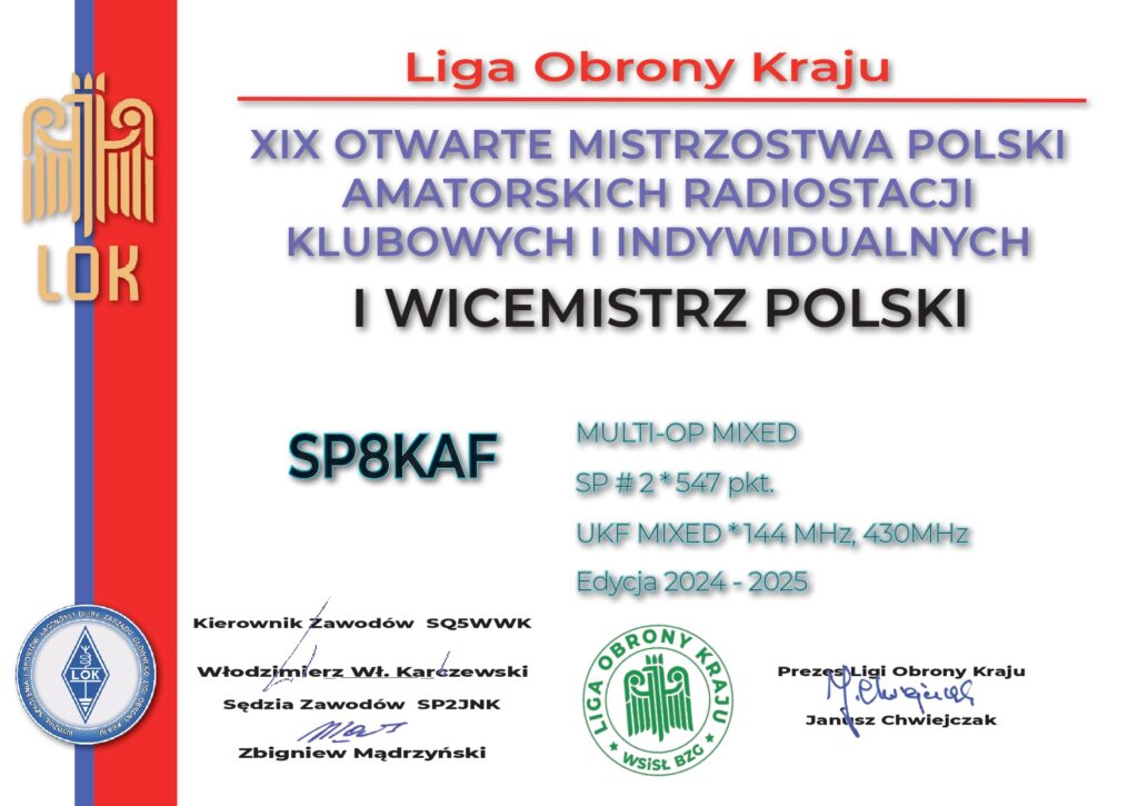Dyplom XIX OMP ARKiI dla SP8KAF