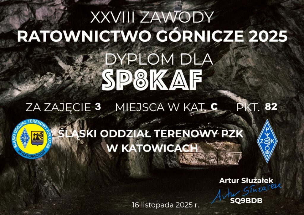 Dyplom Zawodów Ratownictwo Górnicze VHF dla SP8KAF