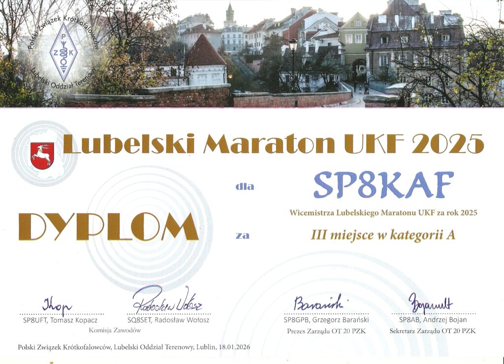 Dyplom za 3 miejsce dla SP8KAF w Lubelskim Maratonie UKF 2025