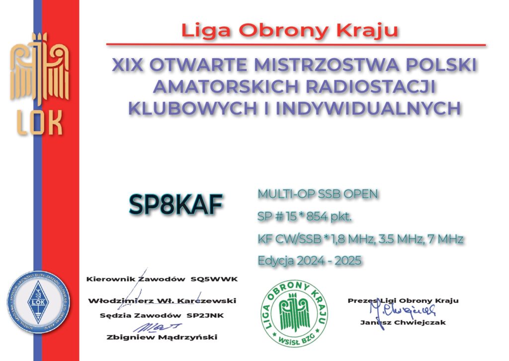 Dyplom XIX OMP ARKiI KF OPEN dla SP8KAF