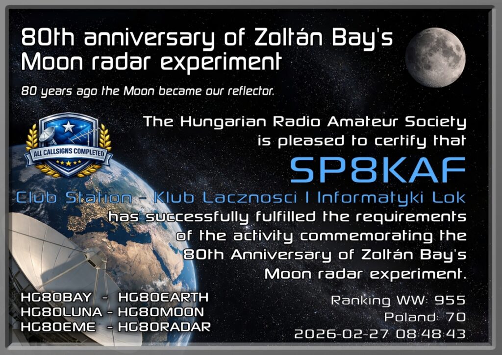 Dyplom Zoltán Bay Moon Radar 80th Anniversary Activity dla SP8KAF