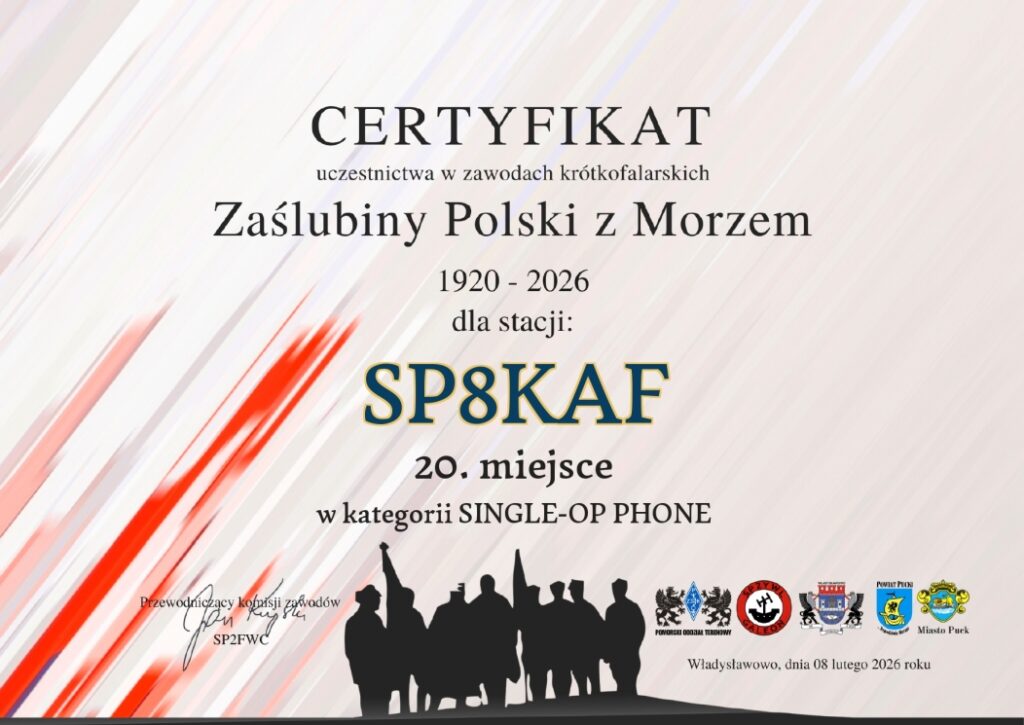 Dyplom zawodów Zaślubiny Polski z morzem 2026 dla SP8KAF