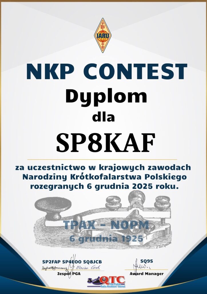 Dyplom Zawodów Narodziny Krótkofalarstwa Polskiego 2025 dla SP8KAF
