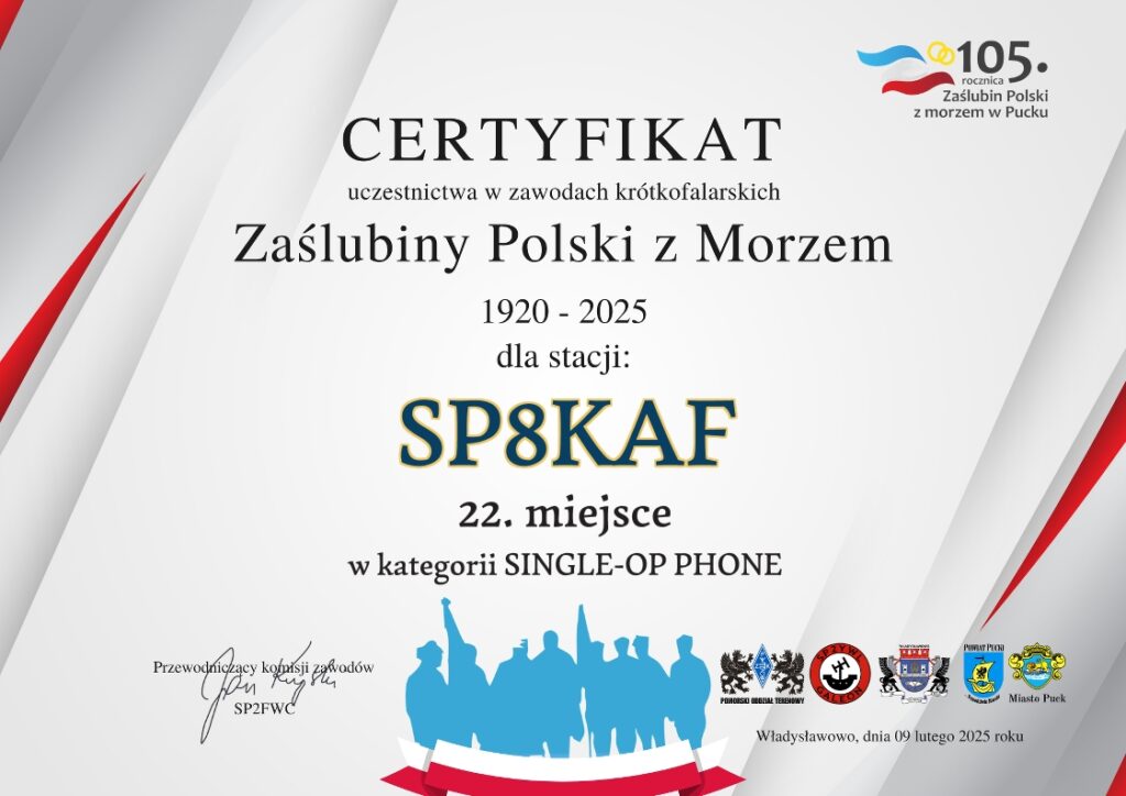 Dyplom Zawodów Zaślubiny Polski z morzem 2025 dla SP8KAF