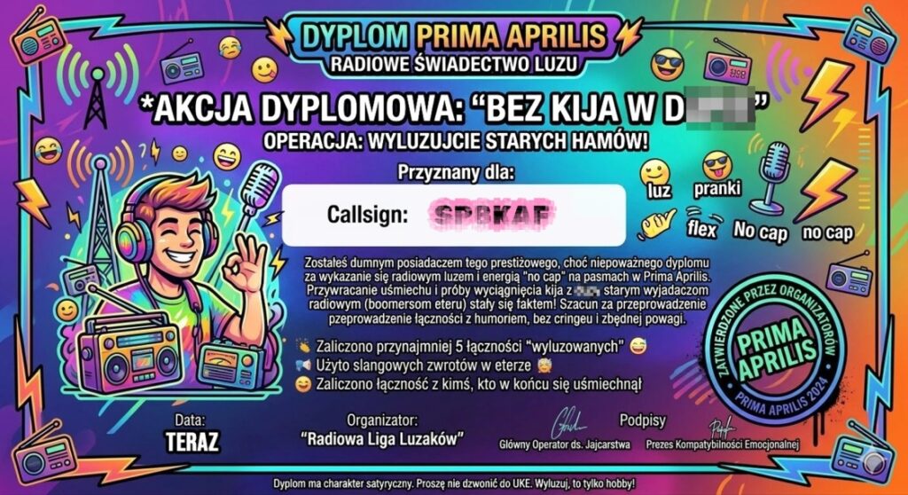 Dyplom Prima Aprilis 2026 dla Sp8KAF